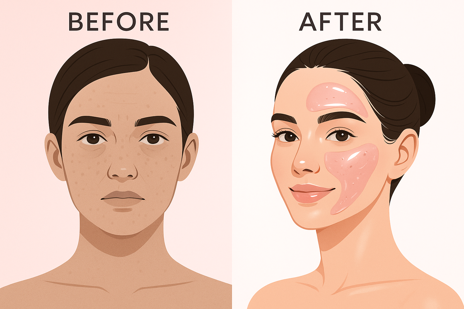 Can you have the pink jelly cream on the womans face. Make the before and after faces bigger. Remove the product.