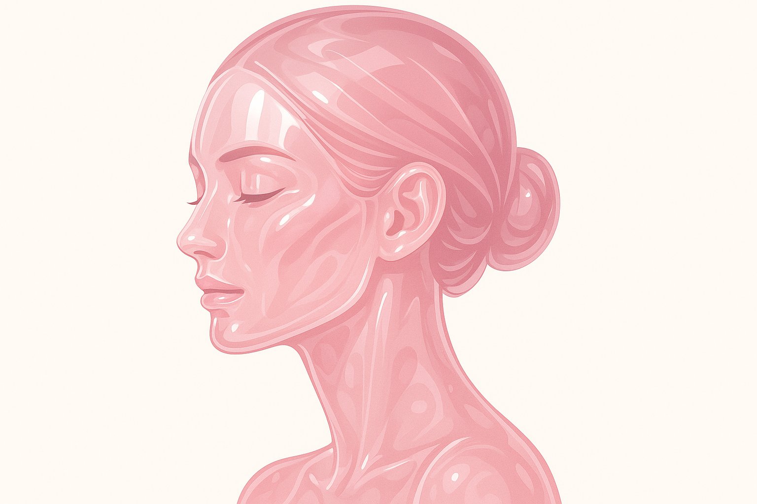 Create a 2d graphic design of a woman with glass skin from a pink jelly cream