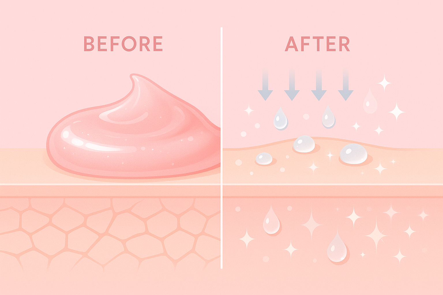 Make a 2d graphic design of a pink jelly cream being applied that shows the effects of hydration and moisturization